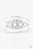 "Royal Treasury" Silver Metal White Pearl & Rhinestone Elastic Back Ring