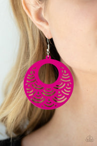 "Sea Le Vie" Pink Round Scalloped Laser Cutout Wood Earrings