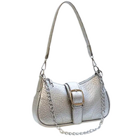 Baguette Handbag Textured SILVER PU Double Strap Chain/Buckle Detail Stitch Decor Bag