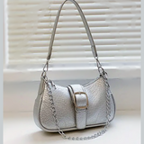 Baguette Handbag Textured SILVER PU Double Strap Chain/Buckle Detail Stitch Decor Bag