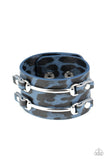 "Safari Scene" Silver Black & Blue Leather Cheetah Print Snap Band Bracelet