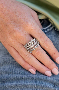 Paparazzi " Scattered Sensation" Silver Metal & Clear/White Rhinestone Elastic Ring