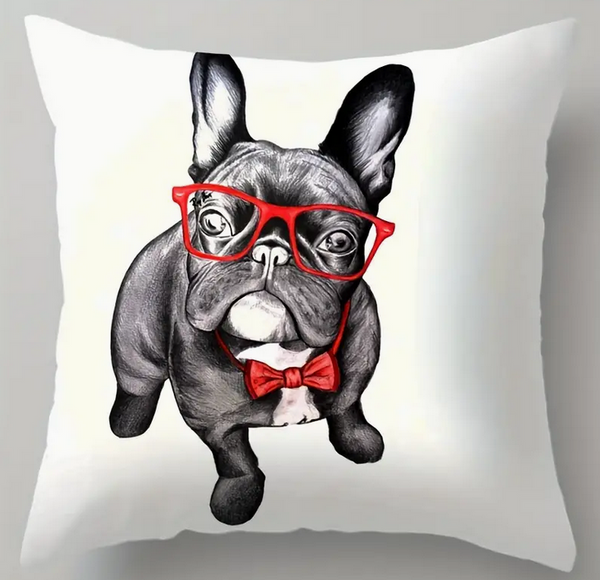 Red Glasses Boston French Bulldog Throw Pillow Cover (*No Insert) Polyester (Silky feel) 18X18