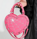 PINK with White Stitched Detailing Heart Shaped Spider & Spider Web Handbag/Crossbody Bag