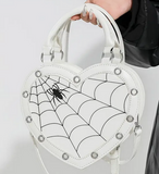 WHITE with Black Stitched Detailing Heart Shaped Spider & Spider Web Handbag/Crossbody Bag