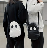 WHITE GHOST Shape with BLACK EYES Themed Crossbody Bag with Adjustable Strap