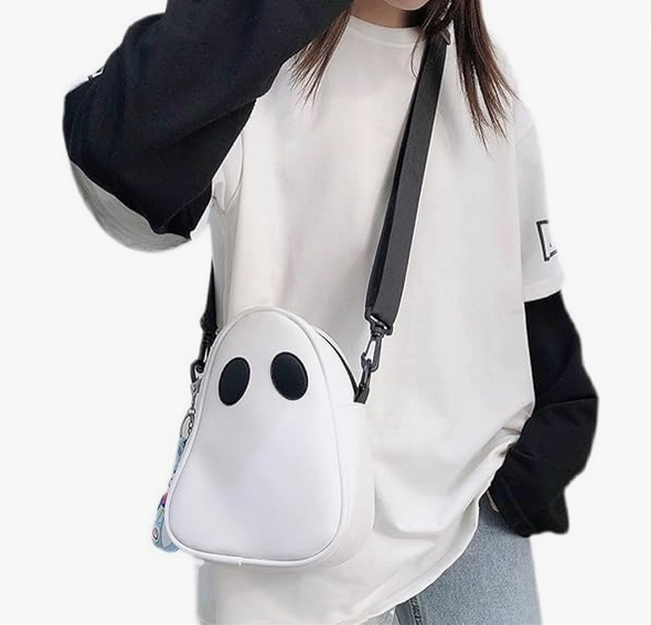 WHITE GHOST Shape with BLACK EYES Themed Crossbody Bag with Adjustable Strap