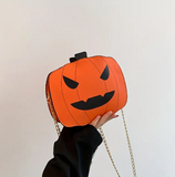 Orange Pumkin/Jack-o'-lantern Shape with Black Eys & Mouth Themed Crossbody Bag with Bat Accent