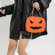 Orange Pumkin/Jack-o'-lantern Shape with Black Eys & Mouth Themed Crossbody Bag with Bat Accent