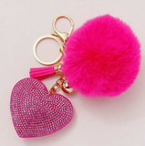 PINK- 6 Piece Extra Plush Car Accessories Set with ****BONUS Pink Heart/Pom pom Keychains****