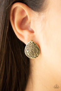 "Seasonal Bliss" Brass Paisley Print Leafy Pattered  Teardrop Post Earrings
