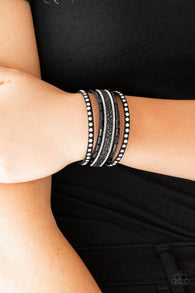 "Seize the Sass" Black LEATHER Silver Studs, Chains, Rhinestones Snap Bracelet
