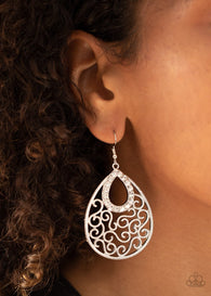 "Seize the Stage" Silver Metal & White/Clear Rhinestone Dangle Earrings