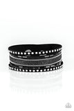 Paparazzi "Seize the Sass" Black LEATHER Silver Studs, Chains, Rhinestones Snap Bracelet