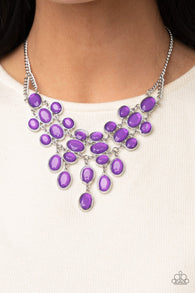 "Serene Gleam" Silver Metal & Purple Gem Rhinestone Bib Style Necklace Set