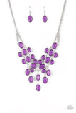 "Serene Gleam" Silver Metal & Purple Gem Rhinestone Bib Style Necklace Set