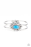 " Serene Succulent " Silver Metal & Floral Framed Blue Stone Hinged Bracelet