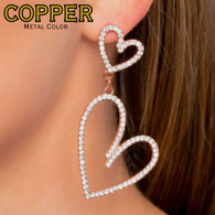 "Doting Duo" Copper Metal Double Hearts White Rhinestone Hanging Post Earrings