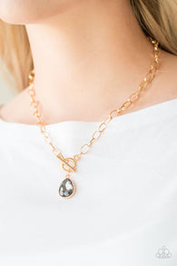 "So Sorority" Gold Smoky Gray Rhinestone Teardrop Toggle Necklace Set