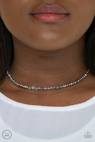 "Space Odyssey" Silver Metal & Smoky Crystal & Rhinestones Choker Necklace Set