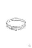 " Stackable Sparkle " Silver Metal & White Rhinestone Bangle Bracelets Set of 6