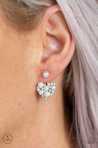 "Star Studded" Silver Metal White Bead & Rhinestone Heart Ear Jacket Earrings