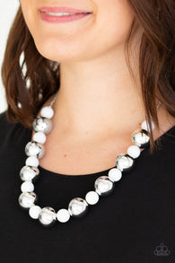 "Top Pop" Silver Metal & Bright White & Silver Beads Necklace Set
