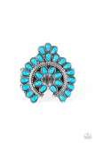 Paparazzi "Trendy Talisman" Silver Metal Squash Blossom Blue Crackle Elastic Back Ring