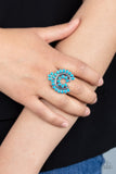 Paparazzi "Trendy Talisman" Silver Metal Squash Blossom Blue Crackle Elastic Back Ring