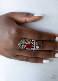 Paparazzi "Undefinable Dazzle" Silver Metal Red Rhinestone Royality Elastic Back Ring