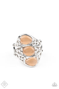 Paparazzi "Underrated Shimmer" Silver Orange Cat's Eye & Clear Rhinestone Elastic Back Ring