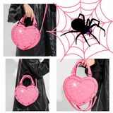 PINK with White Stitched Detailing Heart Shaped Spider & Spider Web Handbag/Crossbody Bag