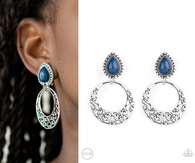 "Erotic Escape" Silver Metal & Blue Tear Drop Stone Clip-On Earrings