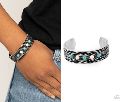 "Quarry Quake" Silver Metal Blue Crackle & White Stone Cuff Bracelet