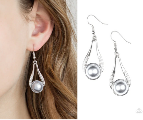 "Headliner Over Heels" Silver Metal & Silver Pearly Drop Dangle Earrings