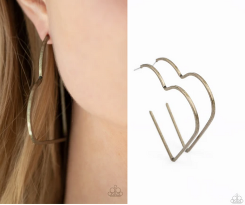 "I Heart a Rumor" Antiqued Brass Metal Heart Hoop Earrings