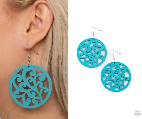 Paparazzi " Fresh Off the Vine " Blue Round Scroll Work Wood Earrings