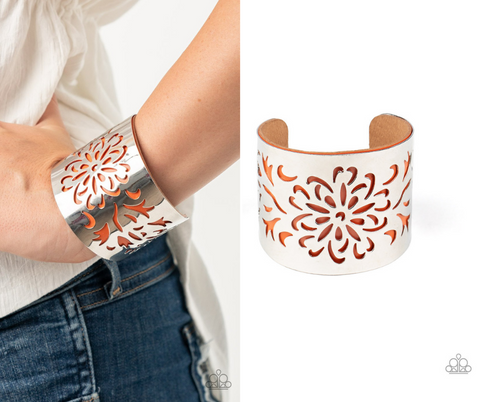 "Get Your Bloom On" Silver & Orange Floral Stenciled Cuff BraceleLeather t