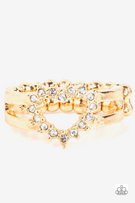 "First Kisses" Gold Metal & White Rhinestone Dainty Open Heart Elastic Ring