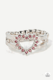 Paparazzi " First Kisses " Silver Metal & Pink Rhinestone Dainty Open Heart Elastic Ring