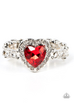 "Romantic Reputation" Silver Metal & Red Rhinestone Halo Heart Elastic Ring