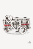 Paparazzi "Give Me Amor" Silver Metal & Red Rhinestone Triple Heart Elastic Ring