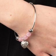 "Vintage Vows" Silver Metal & Pink Cat's Eye Beads & Heart Charm Tension Bracelet