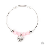 "Vintage Vows" Silver Metal & Pink Cat's Eye Beads & Heart Charm Tension Bracelet