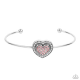 "Stunning Soulmates" Silver Metal & Pink/Clear Halo Rhinestone Heart Cuff Bracelet