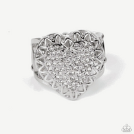 Paparazzi " Romantic Escape " Silver Metal & White/Clear Rhinestone Heart Elastic Ring