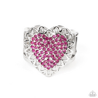 "Romantic Escape" Silver Metal & Pink Rhinestone Heart Elastic Ring