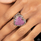 "Romantic Escape" Silver Metal & Pink Rhinestone Heart Elastic Ring