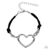 Paparazzi " Flirty Flavour " Silver Metal Hearts & Black Leather Corded Clasp Braclet