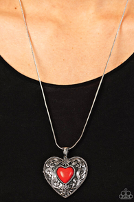 "Wholeheartedly Whimsical" Silver Metal & Red Stone Scroll Work Heart Necklace Set